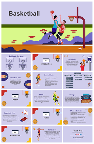 Basketball slide with illustrated players, court diagrams, hoops, and labeled section slides on a purple and red theme.
