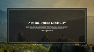 Landscape with green hills and rocky peaks in the foreground, featuring centered text inside a transparent dark overlay.