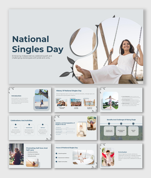 Light themed slide deck on National Singles Day featuring portraits, soft graphics, swing imagery, and section placeholders.