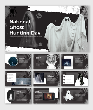 Monochrome slides with dark and light contrasts, featuring ghostly imagery and angular shapes for national ghost hunting day.