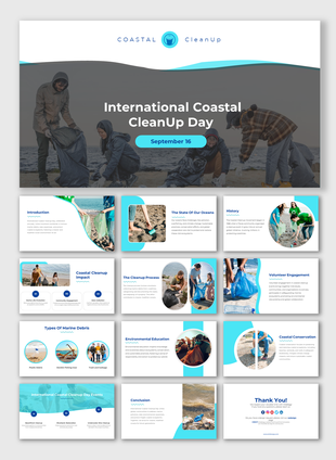Slide deck on coastal cleanup with white and blue backgrounds, focusing on ocean pollution, conservation, and marine debris.