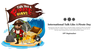 Pirate graphic featuring a treasure chest and a banner, with info on international talk like a pirate day on the right.