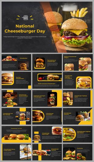 Slide deck featuring various gourmet cheeseburger images, toppings, and regional styles, in yellow ad black theme.