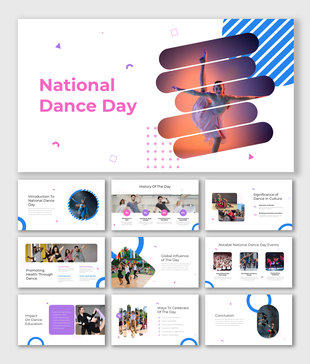 Dance slide deck featuring energetic imagery, circular and stripe graphic, and sections on history, culture, and celebration.