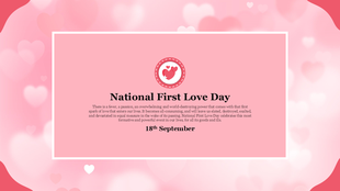 National first love day slide with a pink background, heart icons, and the date, celebrating the theme of first love.