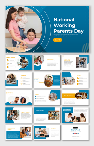 National Working Parents Day slide deck with blue and yellow family visual, and sections on challenges, balance, and support.