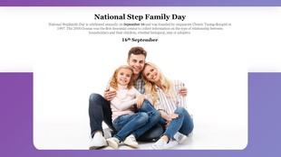 Family celebrating National Stepfamily Day, featuring a man, woman, and child on a violet border on a white backdrop.