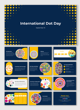 Slide deck for International dot day, decorated with yellow dot patterns on a dark blue background and text marking the date.