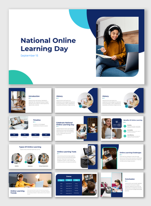 National Online Learning Day slide deck featuring virtual classroom scenes, modern layouts, and circular photo placeholders.