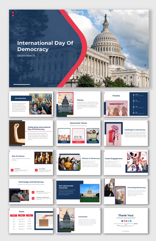 International day of democracy slides with white and navy blue backgrounds, covering history, citizen roles, and challenges.