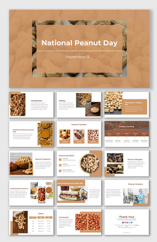 National peanut day slide deck focusing on peanut history, farming methods, varieties, nutrition, and recipes.