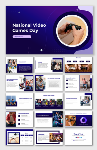 Slide deck design for national video games day with focus on gaming controller and various activity sections.