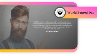 World beard day with a bearded man on the left, text in the center, and a vibrant gradient banner at the top.