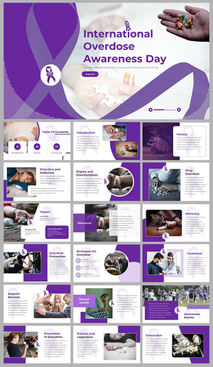 Slides for International Overdose Awareness Day covering topics like addiction, prevention, stigma, and support services.