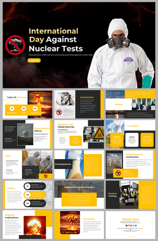 Slide deck for International day Against Nuclear Tests, featuring many topics with images and text descriptions.