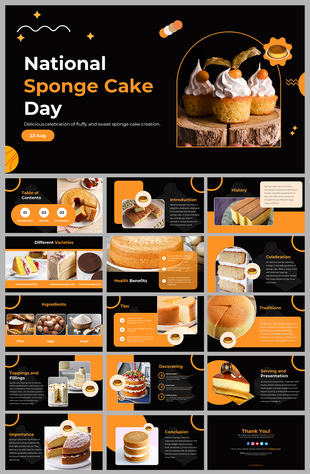 Slide deck with a black and orange theme, featuring images of various sponge cakes, ingredients, and decoration ideas.