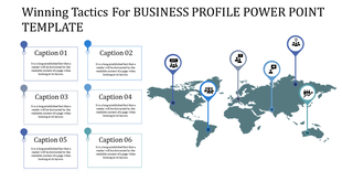 Business profile PowerPoint template featuring a world map six icons and numbered caption bubbles.