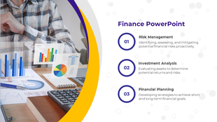 Slide featuring financial charts, a person working at a desk, with yellow accents, and three numbered categories.