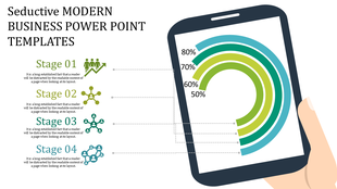 Modern business PPT slide showing a mobile phone with stages of progress by circular percentage graphs with icons.