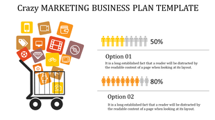 Cart filled with icons symbolizing products and services, paired with two marketing options showing demographic percentages.