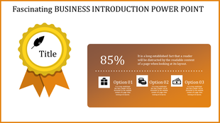 A gold ribbon badge on the left and a gradient orange box with three icons for options and a percentage display on the right.