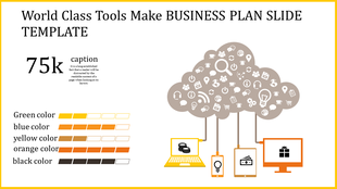 Business plan PowerPoint slide with a cloud icon filled with tools and an image of devices connected to it.
