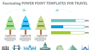 Travel-themed infographic with three triangular tree icons, bar charts, and global landmarks at the bottom.