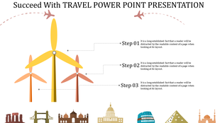 Travel slide with three wind turbines in orange and yellow, numbered captions and iconic landmarks at the bottom.