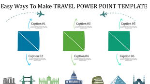 Three step travel infographic with labeled squares, directional arrows, airplane icons, and landmark silhouettes.