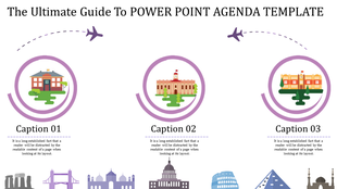 Agenda template featuring building icons in purple circles with captions beneath, flanked by flying airplane graphics.