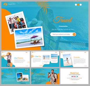 A vibrant travel slides featuring stunning beach imagery and colorful design elements on a orange and blue theme.