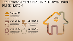 Real estate PowerPoint template with a house design and five options, each showing different percentage values and icons.