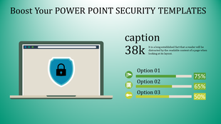 Green gradient slide with a laptop graphic showing a security shield and three progress bars with percentages on the right.
