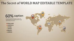 World map slide with location markers for countries from England to Africa, with a caption.