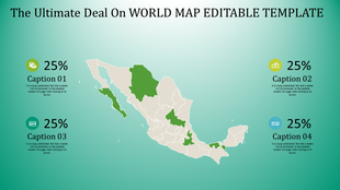 World map of Mexico with highlighted regions and percentage captions, each showing a portion of data on a green backdrop.