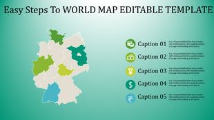 Germany map design with regions shaded in green tones and vertical list of caption icons representing financial concepts.