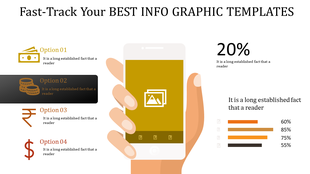 Infographic template showing a smartphone in hand, currency icons for financial options, and percentage in bar chart.