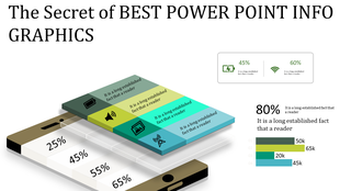 3D infographic design with layered multimedia icons, percentage breakdowns, and a bar chart in green and blue hues.