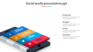 3D smartphone layout with colored social media tiles showing follower numbers, linked to captions.