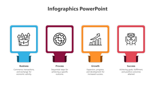 Infographic template with four square colored sections featuring icons for business, process, growth, and success.