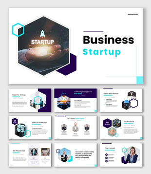 Business Startup presentation with hexagon visuals, company background, business goals, and market solutions.