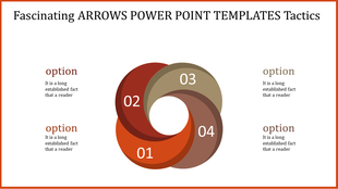 Arrows PowerPoint template with four numbered options arranged in a colorful circular flow with placeholder text.