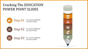 Education themed slide with a pencil illustration on the right and three labeled steps on the left in orange and brown tones.