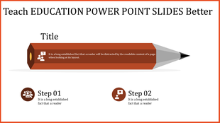 Education slide with pencil shape step 01 shows a search icon, step 02 shows an idea light bulb.