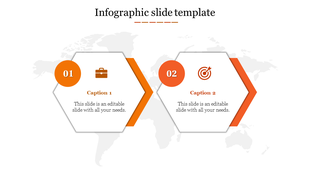 Two orange hexagon shaped infographics labeled 01 and 02, featuring business and target icons with text captions.