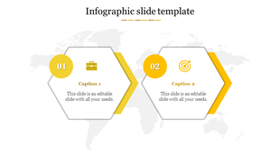 Infographic slide with two hexagonal sections for captions, each with icons and numbers against a light world map background.