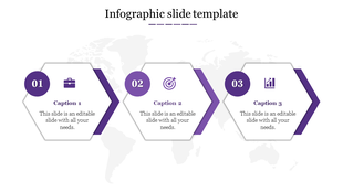 Minimalist infographic slide showing three purple-outlined hexagons with icons for planning, targeting, and analytics.