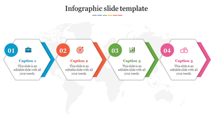 Four-step infographic with hexagon shapes and icons representing business concepts over a subtle world map background.