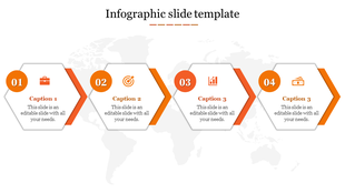 Slide with four orange hexagons, each labeled with icons and captions, set against a subtle world map background.