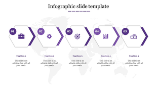 Infographic slide with five purple and white hexagons, each featuring icons and captions, aligned over a light world map.